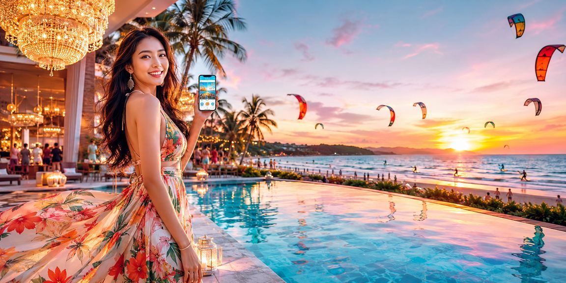 Người dùng tại Mũi Né cài đặt ứng dụng b17 trên điện thoại Android trong không khí lễ hội